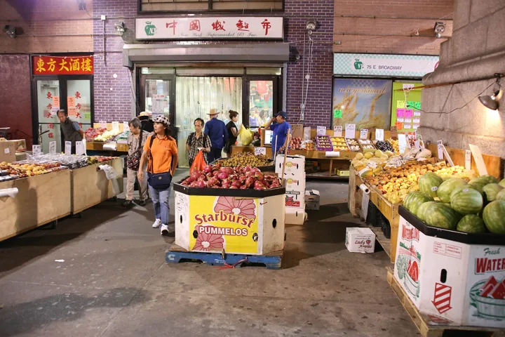 A produce market on a Chinatown street in Manhattan